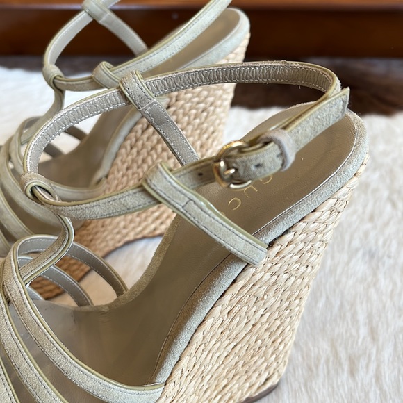 Gucci Beige Suede Caged Espadrille Wedge Sandals Sz 35.5 - Picture 5 of 12